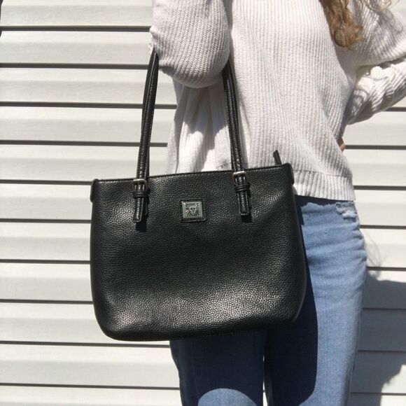 Anne Klein black faux leather bag/ tote bag with polka dot lining - Picture 1 of 15